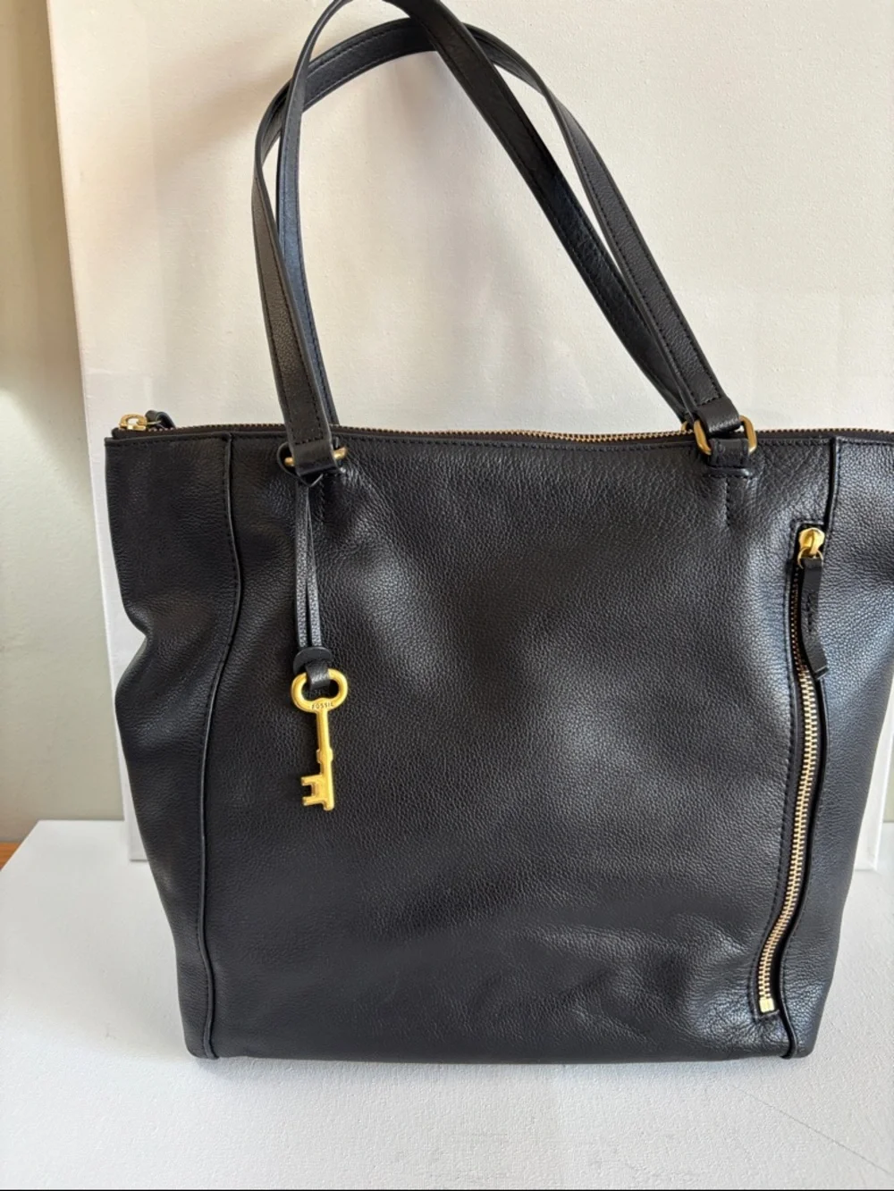Fossil Black Leather Tote with Gold Accents - Picture 2 of 16